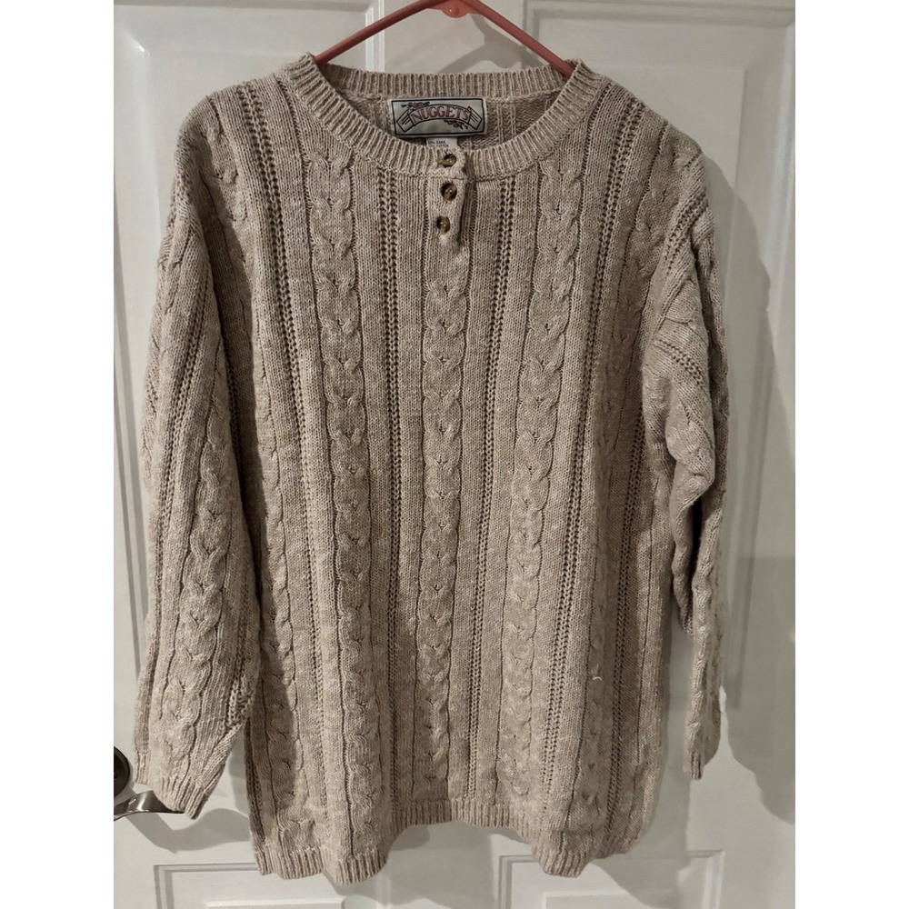 Vintage Nuggets Henley Sweater‎ Beige Cable Knit Med Cottagegore Grandmacore